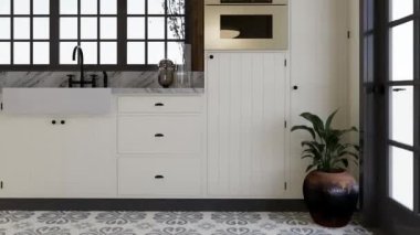 Beyaz mutfak, koyu kırmızı tuğla, ahşap, büyük pencere ve mutfak aletleri. L şeklinde mutfak, kirişler ve yemek masası. 3d canlandırma