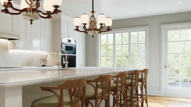 传统的白色厨房 木制椅子 漆木地板 经典的厨房 有大型吊灯和厨房用具 3D动画 — 图库视频影像