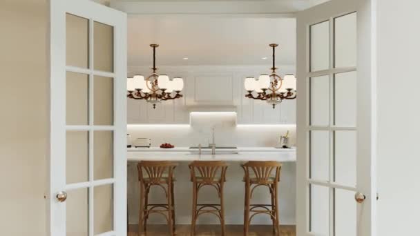 传统的白色厨房 木制椅子 漆木地板 经典的厨房 有大型吊灯和厨房用具 3D动画 — 图库视频影像