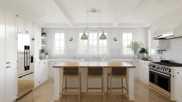 Cozinha Forma Branca Com Janelas Utensílios Utensílios Cozinha Cozinha Elegante — Vídeo de Stock