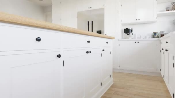 キッチン用品 器具付きのホワイトU字型キッチン スタイリッシュで明るいキッチン 3Dアニメーション — ストック動画