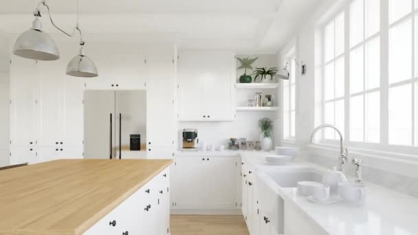 白色U型厨房 有窗户 厨房用具和器皿 明亮的厨房 传统风格 3D动画 — 图库视频影像