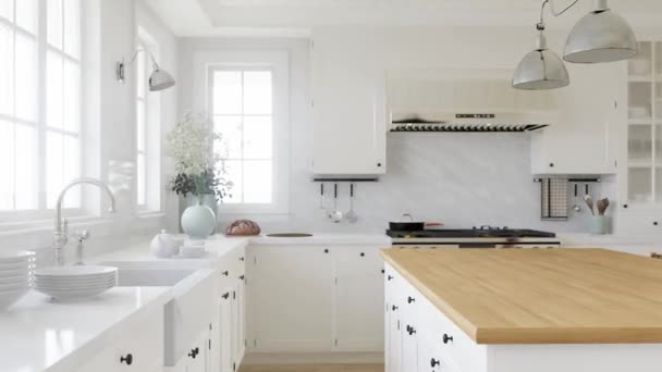 Λευκή Κουζίνα Σχήματος Παράθυρα Συσκευές Κουζίνας Και Σκεύη Κομψή Φωτεινή — Αρχείο Βίντεο