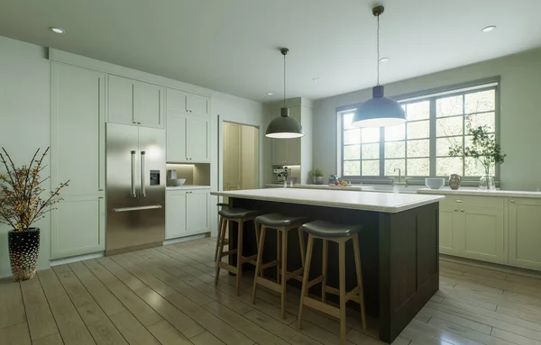 在传统风格的新豪华房子里 漂亮而明亮的厨房 其特点是木岛 白色石头台面 橱柜和木地板 3D渲染 — 图库照片
