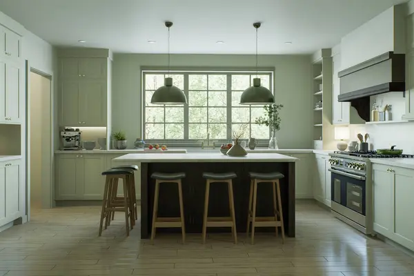 Krásná Světlá Kuchyň Novém Luxusním Domě Tradičním Stylu Nabízí Dřevěný — Stock fotografie