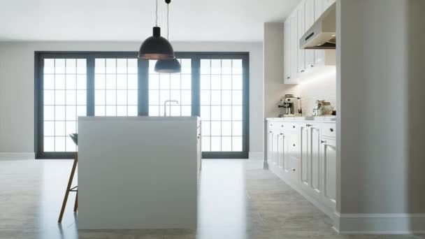 Białe Wnętrze Kuchni Wyspy Urządzeń Kuchennych Oświetlenia Kuchnia Dużą Lodówką — Wideo stockowe