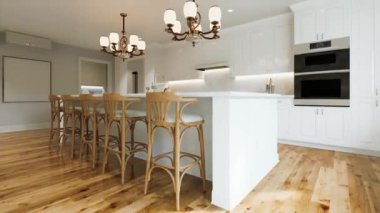 Long Island 'lı geleneksel beyaz mutfak ve ahşap döşemeli ahşap sandalyeler. Büyük avizeleri ve mutfak aletleri olan klasik mutfak. 3d canlandırma