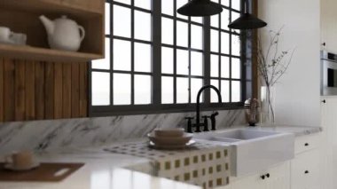 Beyaz mutfak, koyu kırmızı tuğla, ahşap, büyük pencere ve mutfak aletleri. L şeklinde mutfak, kirişler ve yemek masası. 3d canlandırma