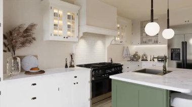 Yeşil bir adası olan sıcak renklerde parlak bir mutfak. Ev aletleri ve çatal bıçaklarla dolu mutfak. 3 Boyutlu Canlandırma