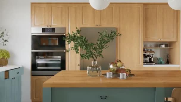 Große Grüne Förmige Küche Mit Insel Holzarbeitsplatten Und Schränken Schöne — Stockvideo