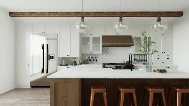 传统的大型L型厨房 有大型岛屿和厨房用具 厨房的内部 白色的橱柜和木制岛屿 3D动画 — 图库视频影像