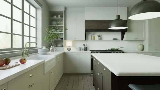 在传统风格的新豪华房子里 漂亮而明亮的厨房 其特点是木岛 白色石头台面 橱柜和带有厨房用具的木地板 3D动画 — 图库视频影像