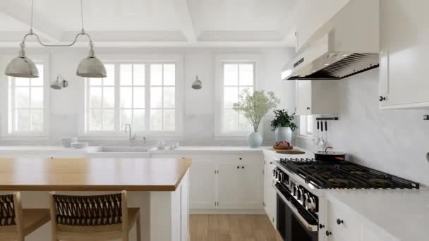 Λευκή Κουζίνα Σχήματος Παράθυρα Συσκευές Κουζίνας Και Σκεύη Κομψή Φωτεινή — Αρχείο Βίντεο
