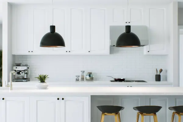 Witte Keuken Met Aanrecht Als Accent Keuken Werkruimte Met Lampen — Stockfoto