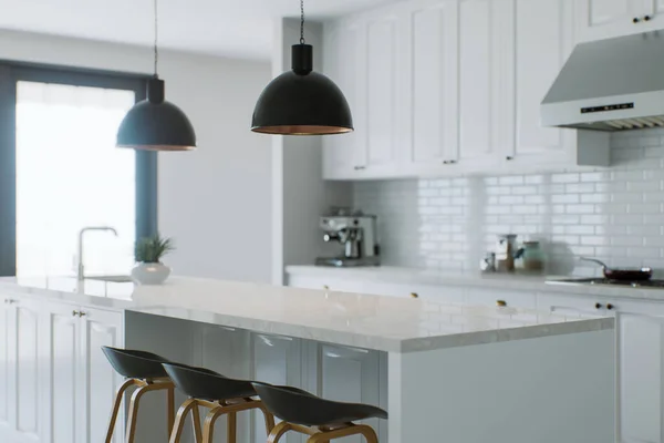 Grote Witte Keuken Met Apparatuur Eiland Accent Keuken Met Huishoudelijke — Stockfoto