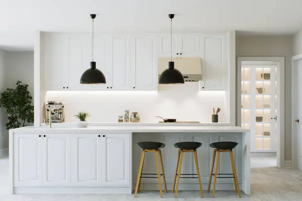 White Kitchen Island Bar Stools Chandeliers Stylish Design Classic Modern — Stock Photo, Image
