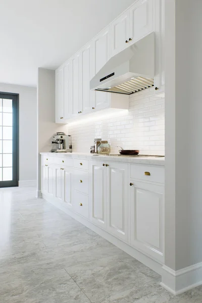 Cozinha Com Armários Brancos Iluminação Quente Capuz Metal Grande Interior — Fotografia de Stock