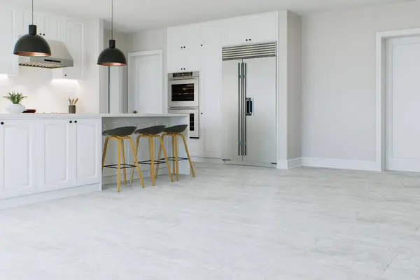 White Kitchen Island Large Refrigerator View Kitchen Emphasis Floor Rendering — Stock Photo, Image