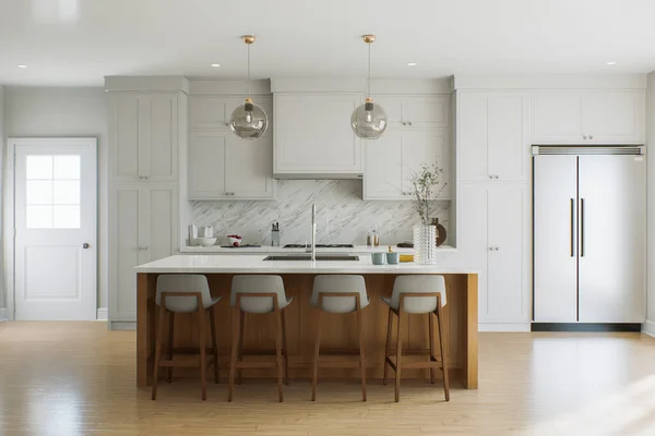 Lichte Keuken Met Eiland Grote Dubbele Deur Koelkast Witte Keuken — Stockfoto
