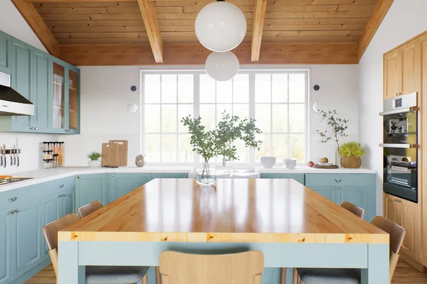 Kitchen with green cabinets, large window in the background and accent countertop to advertise the product. Kitchen island with blurry long shot of green kitchen. 3D rendering.