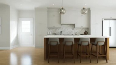 Ahşap adası ve mutfak aletleriyle geleneksel Amerikan mutfağı. Ada ve mermer tezgahlı parlak bir mutfağın içinde. 3 Boyutlu Canlandırma