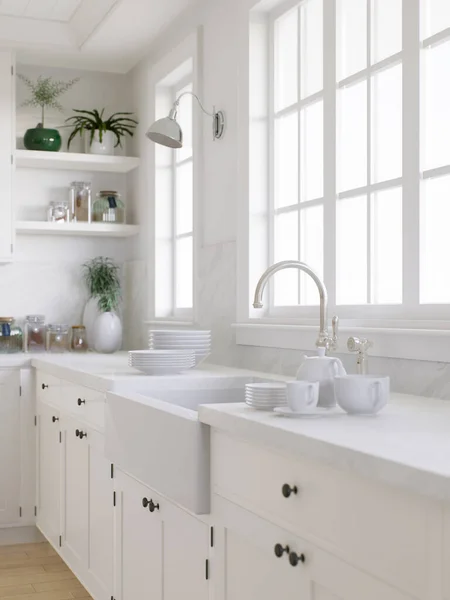 Spülbecken Fenster Mit Geschirr Stilvolle Helle Küche Traditionellen Stil Rendering — Stockfoto