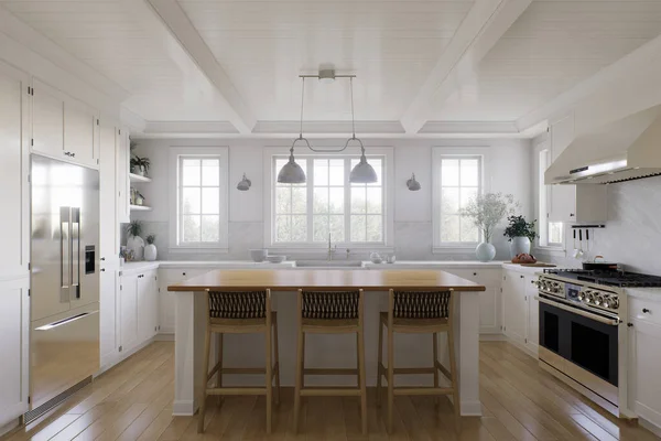 Weiße Förmige Küche Mit Fenstern Küchengeräten Und Utensilien Stilvolle Helle — Stockfoto