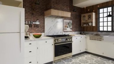 Beyaz mutfak, koyu kırmızı tuğla, ahşap, büyük pencere ve mutfak aletleri. L şeklinde mutfak, kirişler ve yemek masası. 3d canlandırma