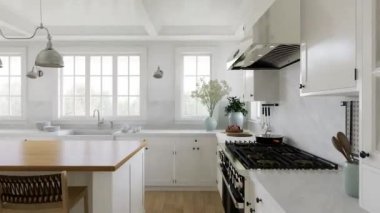 Pencereleri, mutfak aletleri ve mutfak gereçleri olan U şeklinde beyaz bir mutfak. Geleneksel tarzda şık, parlak bir mutfak. 3 Boyutlu Canlandırma