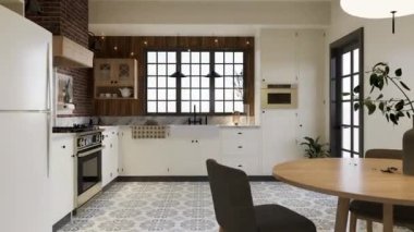 Beyaz mutfak, koyu kırmızı tuğla, ahşap, büyük pencere ve mutfak aletleri. L şeklinde mutfak, kirişler ve yemek masası. 3d canlandırma