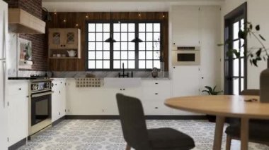 Beyaz mutfak, koyu kırmızı tuğla, ahşap, büyük pencere ve mutfak aletleri. L şeklinde mutfak, kirişler ve yemek masası. 3d canlandırma