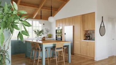 Ada, ahşap tezgah ve dolapları olan büyük yeşil U şeklinde bir mutfak. Mutfak aletleri ve çatal bıçaklarıyla çok güzel bir mutfak. 3 Boyutlu Canlandırma.