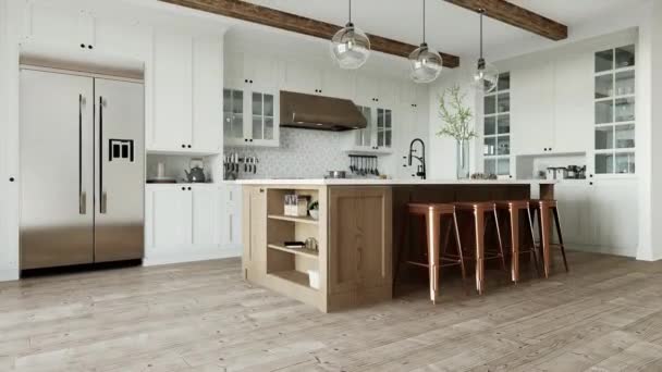 Cozinha Tradicional Forma Com Grande Ilha Utensílios Cozinha Interior Cozinha — Vídeo de Stock