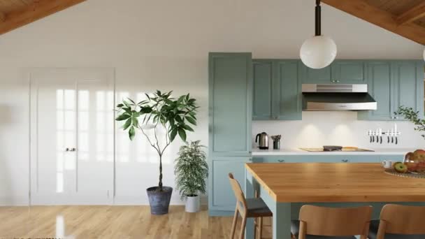 Large Green Shaped Kitchen Island Wood Countertops Cabinets Beautiful Stylish — Stock Video