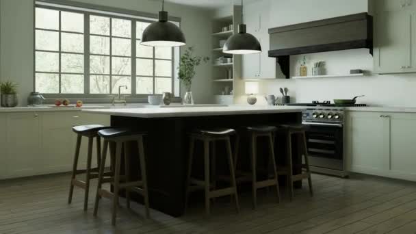 Krásná Světlá Kuchyň Novém Luxusním Domě Tradičním Stylu Nabízí Dřevěný — Stock video