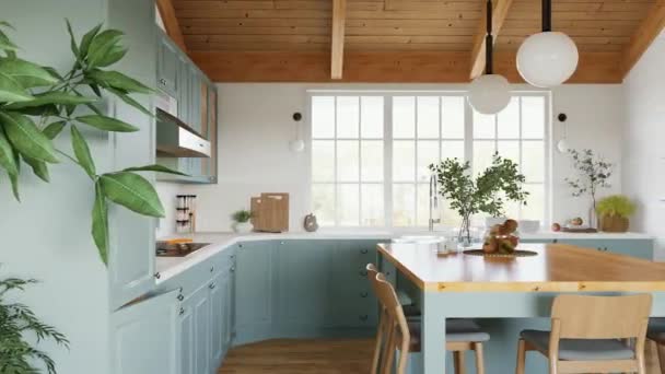 Velká Zelená Kuchyň Tvaru Ostrovem Dřevěnými Pulty Skříněmi Krásná Stylová — Stock video