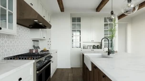 传统的大型L型厨房 有大型岛屿和厨房用具 厨房的内部 白色的橱柜和木制岛屿 3D动画 — 图库视频影像