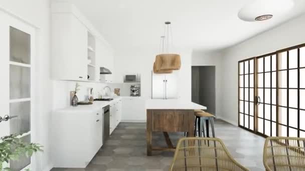白色厨房 有木岛和花纹木固定装置 厨房用具和炊具 传统风格的时尚厨房 3D动画 — 图库视频影像