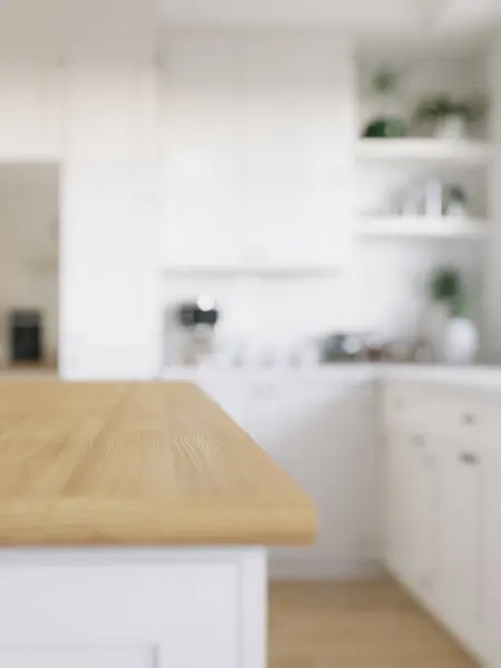 木製のカウンタートップ あなたの商品を置くための空の表面 背景にぼやけたキッチンの背景 スタイリッシュで明るいキッチン 3Dレンダリング — ストック写真