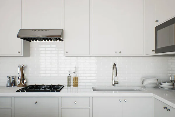 Cozinha Branca Com Utensílios Aparelhos Cozinha Cozinha Elegante Estilo Tradicional — Fotografia de Stock