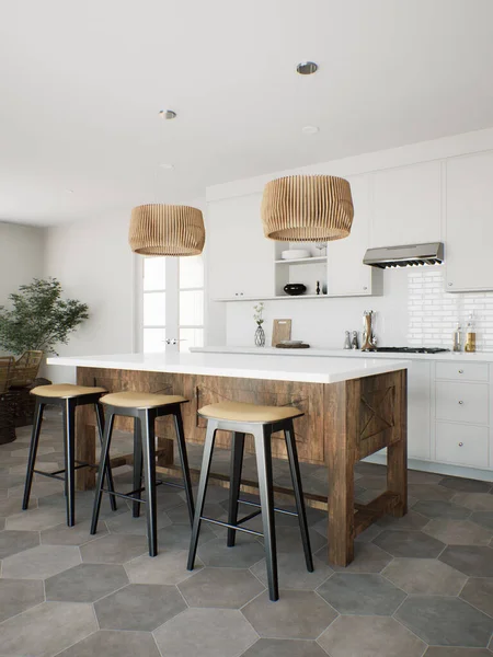 木製の島とキッチン用品や器具付きの木製の器具をパターン化したホワイトキッチン スタイリッシュなキッチン 3Dレンダリング — ストック写真