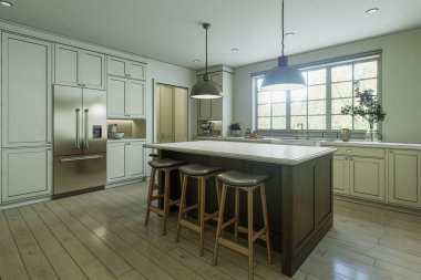 Görüntünün üzerine siyah çizgiler çizilmiş bir mutfak çizimi. Elle çizilmiş bir mutfak. 3d oluşturma