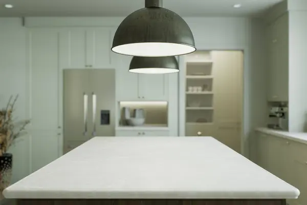 Blurred Kitchen Background Kitchen Appliances Utensils Emphasis Countertop Product Presentation — Stock Photo, Image