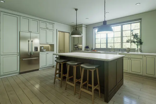 一个厨房的素描 上面有黑色条纹 厨房手绘风格 3D渲染 — 图库照片