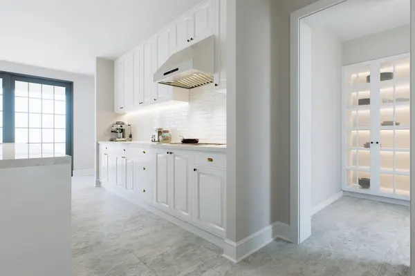 Kitchen White Cabinets Warm Lighting Large Metal Hood Kitchen Interior — Stock Photo, Image