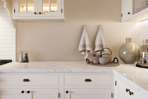 Keuken Met Marmeren Aanrecht Wazige Keuken Achtergrond Producten Weer Geven — Stockfoto