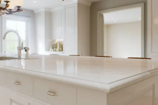 Kitchen White Countertop White Marble Blurred Bokeh Background Presentation Goods — Stock Photo, Image