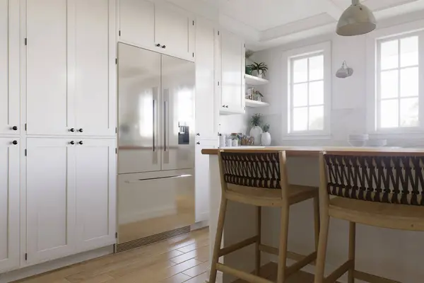 Large metal refrigerator in the kitchen. Stylish white kitchen in traditional American style. 3d rendering