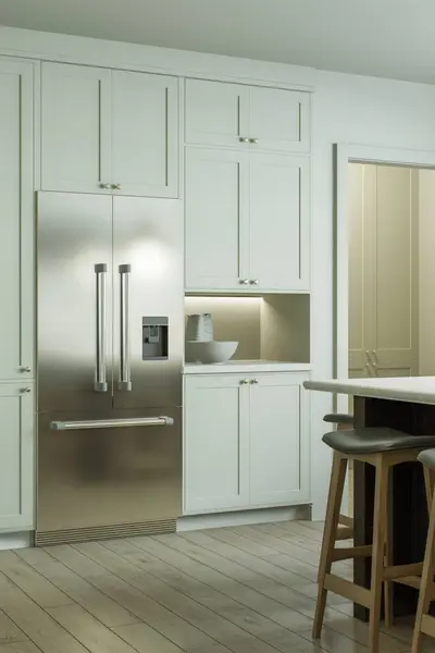 伝統的なスタイルの新しい豪華な家で美しい明るいキッチン キッチンの大きな2ドア冷蔵庫に焦点を当てる 3Dレンダリング — ストック写真