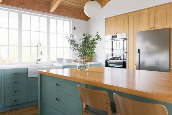 Kitchen with green cabinets, large window in the background and accent countertop to advertise the product. Kitchen island with blurry long shot of green kitchen. 3D rendering.